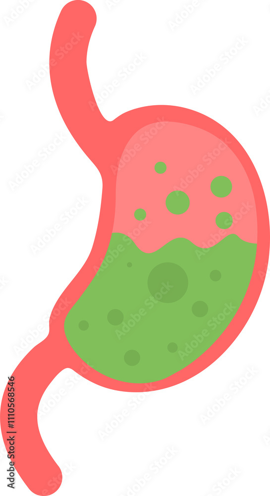 Fototapeta premium Stylized illustration of a red human stomach with green and pink contents, bubbles indicating digestion. 