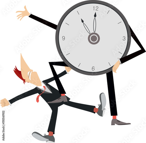 Businessman. Time concept. Deadline.
Clock puts a leg on the laying tired businessman. Concept illustration. Overworked businessman. Isolated on white background
