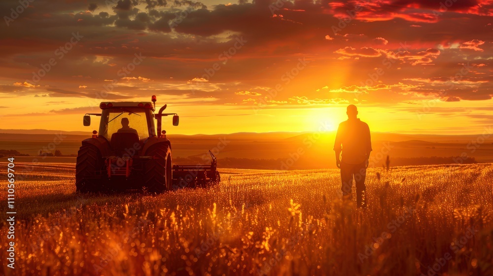 Fototapeta premium A farmer silhouetted against the golden glow of sunrise while repairing a tractor, surrounded by fields that stretch into the distance 