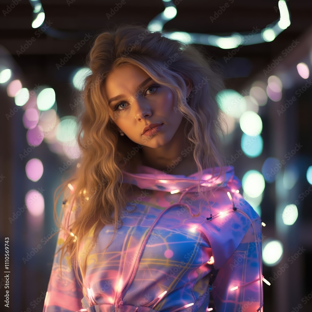 Beautiful White Woman in Soft Suit with Neon Cyberpunk Aesthetic