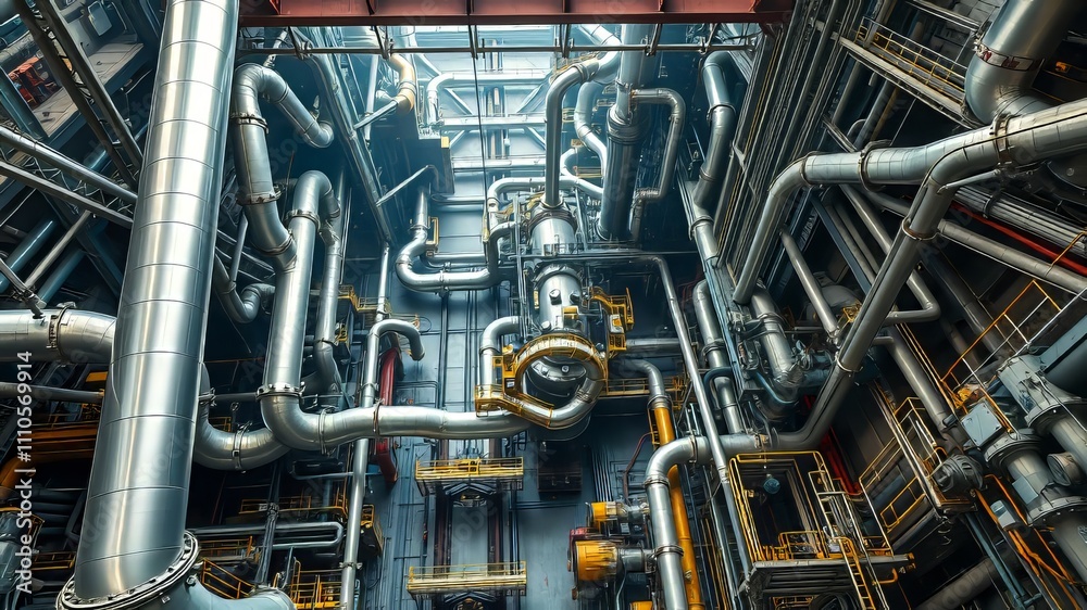 Surreal Industrial Facility - Metallic Pipes and Machinery Surreal Industrial Facility - Metallic Pipes and Machinery