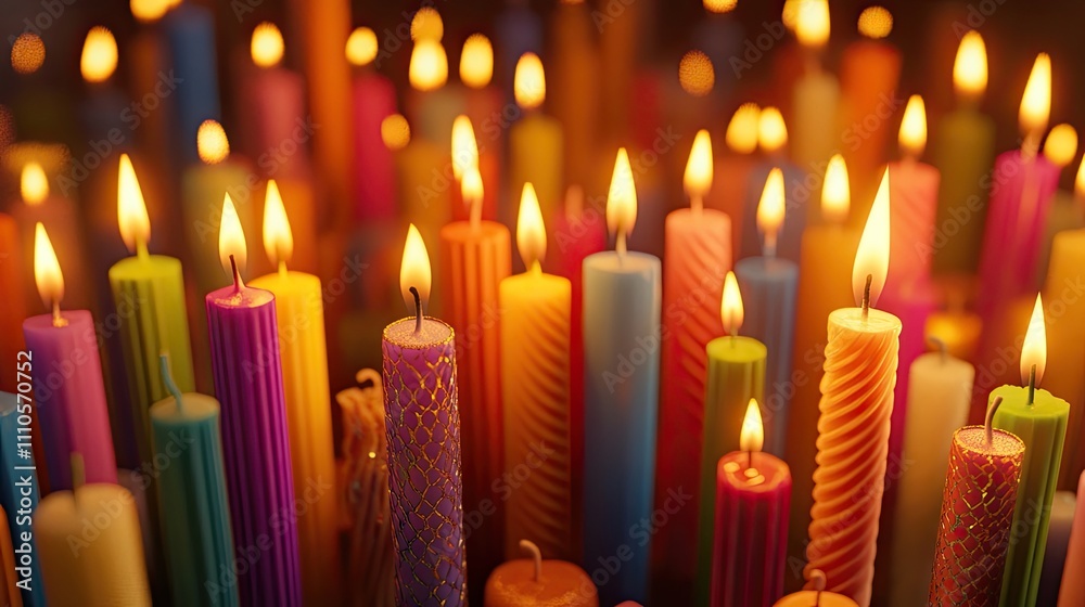 A vibrant array of colorful candles illuminates the scene, casting a warm and inviting glow. Each candle is unique, showcasing a variety of heights, shapes.