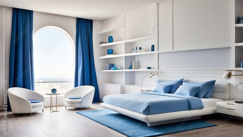 A white and blue hotel room's interior featuring a window, bookcases, and a bed