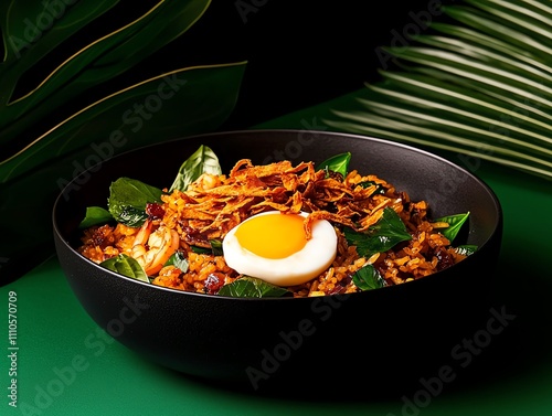 Burmese htamin jaw, fried rice with dried shrimp and turmeric, served with crispy shallots and chili sauce photo