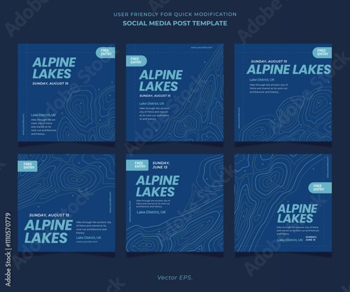 Premium set Social media Lakes template with Contour line Topographic map concept geography terrain mix blue vector