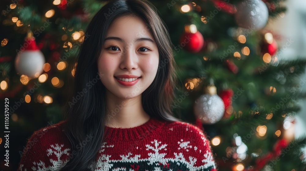 A close-up of an Asian woman wearing a knitted Christmas sweater with snowflakes, smiling softly while standing near a beautifully decorated Christmas tree A close-up of an Asian woman wearing a knitted Christmas sweater with snowflakes, smiling softly while standing near a beautifully decorated Christmas tree