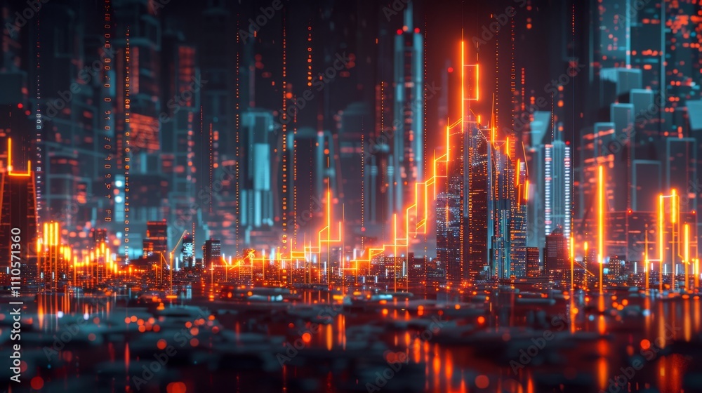 A glowing stock chart made of neon lights, set against a dark urban background, capturing the pulse of financial markets in a dynamic display A glowing stock chart made of neon lights, set against a dark urban background, capturing the pulse of financial markets in a dynamic display