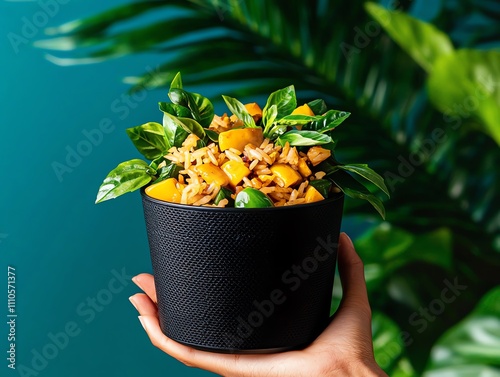 Cambodian fried rice with prahok, featuring bold flavors, colorful vegetables, and fresh herbs in a traditional setup photo