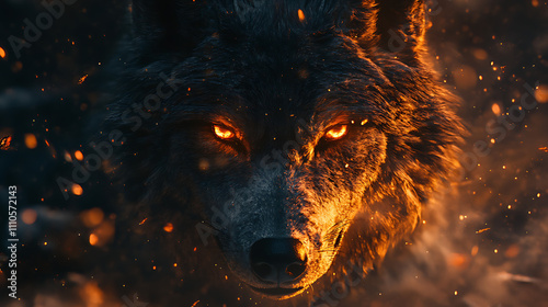 Fiery Wolf: A Majestic Beast Embracing Inferno's Embrace, Glowing Eyes Piercing Through the Night's Darkness photo