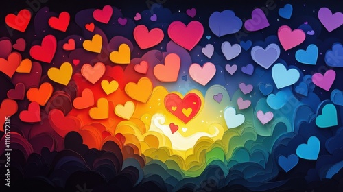 A colorful image of many hearts, with one heart in the center