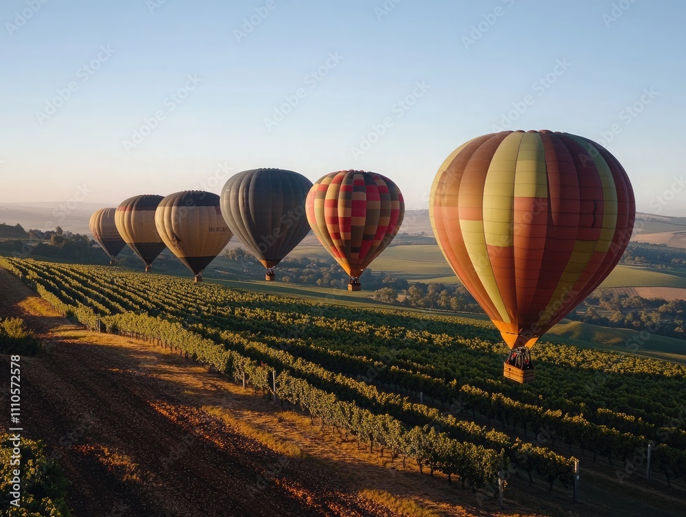 Obraz premium A line of hot air balloons rising into the early morning sky over rolling vineyards, casting shadows on the fields below.