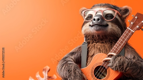 A hipster sloth in suspenders and glasses, playing the ukulele against a peach backdrop 