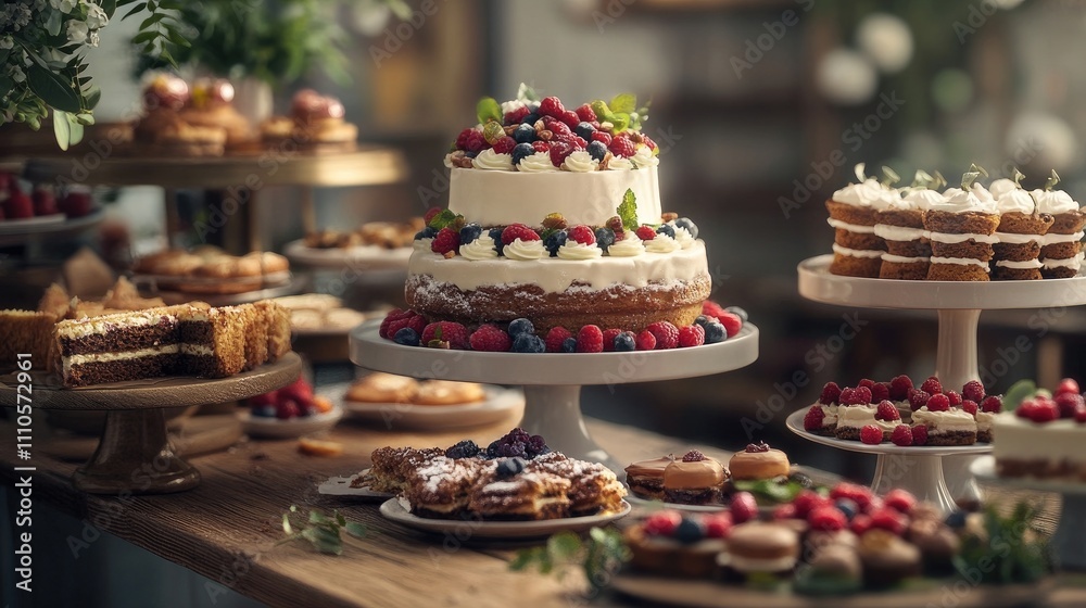 A beautiful two-tiered cake adorned with fresh berries sits amongst an array of other pastries, creating a visually stunning dessert spread. A beautiful two-tiered cake adorned with fresh berries sits amongst an array of other pastries, creating a visually stunning dessert spread.