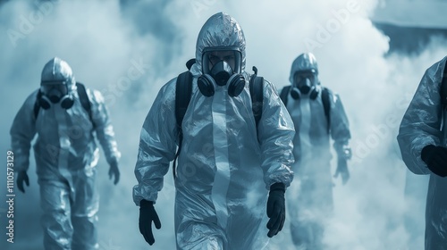 Emergency response team in protective gear approaching crisis zone amid smoke for disaster management and risk assessment