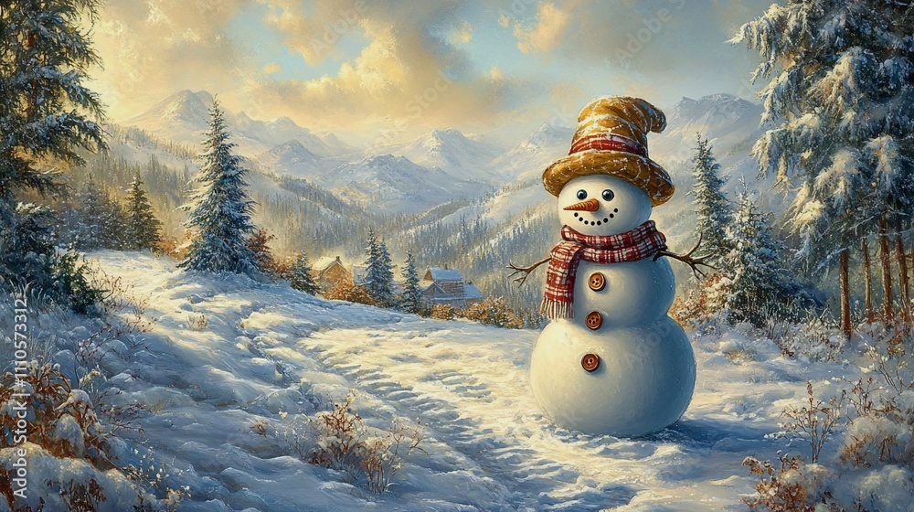 Obraz premium An outdoor scene of a snowman decorated with a scarf, hat, and buttons, surrounded by a snowy landscape and distant pine trees