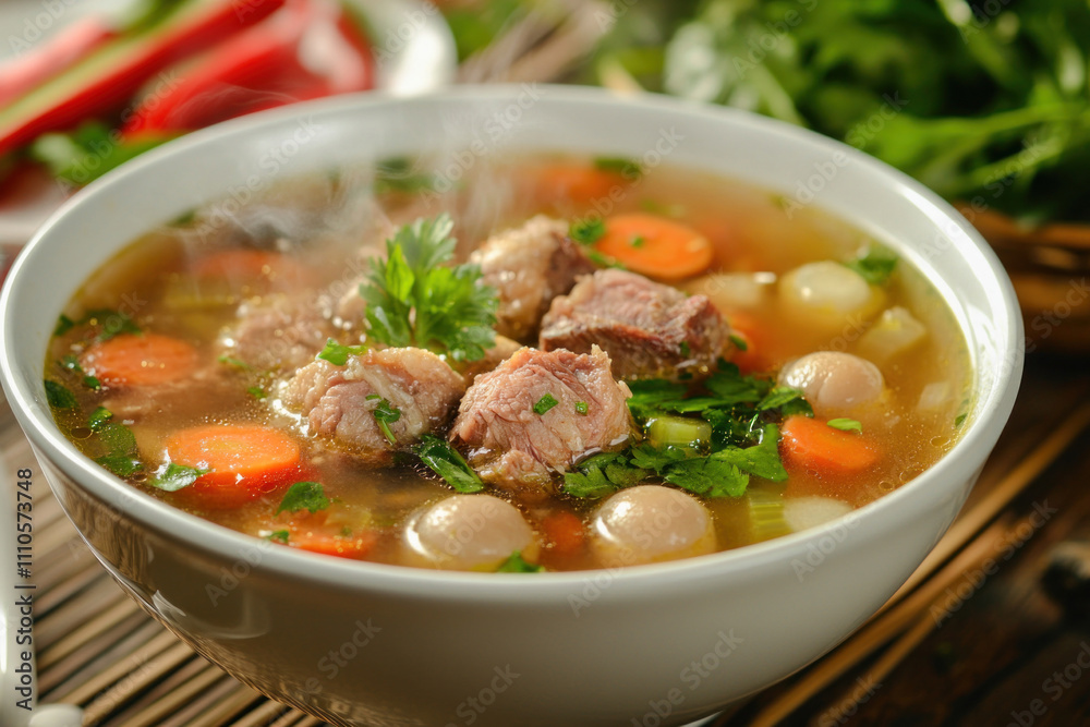 Steaming hot bowl of beef soup with vegetables and quail eggs Steaming hot bowl of beef soup with vegetables and quail eggs