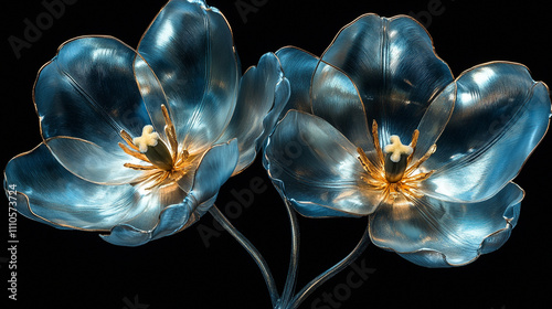 Piękne niebieskie metaliczne tulipany, na czarnym tle, trendy 2025, generative ai  © Elżbieta Kaps