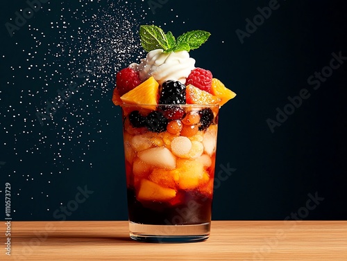 Filipino halohalo deluxe, layered shaved ice dessert with fruits, jellies, and ice cream, presented in a tall festive glass photo