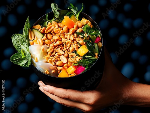 Filipino lumpiang sariwa, fresh spring rolls with peanut sauce, garnished with crushed peanuts and colorful vegetables photo