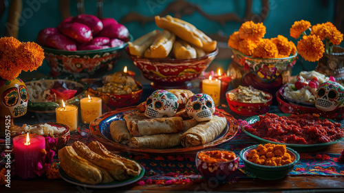 Vibrant Day of the Dead Offering with Colorful Decorations and Delicious Food