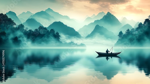 Serene Fisherman in Misty Mountain Lake at Sunrise