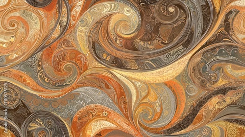 Elegant paisley-inspired swirls in warm tones of orange, gold, and brown with intricate patterns and textures. Ideal for decorative backdrops. AI generative.