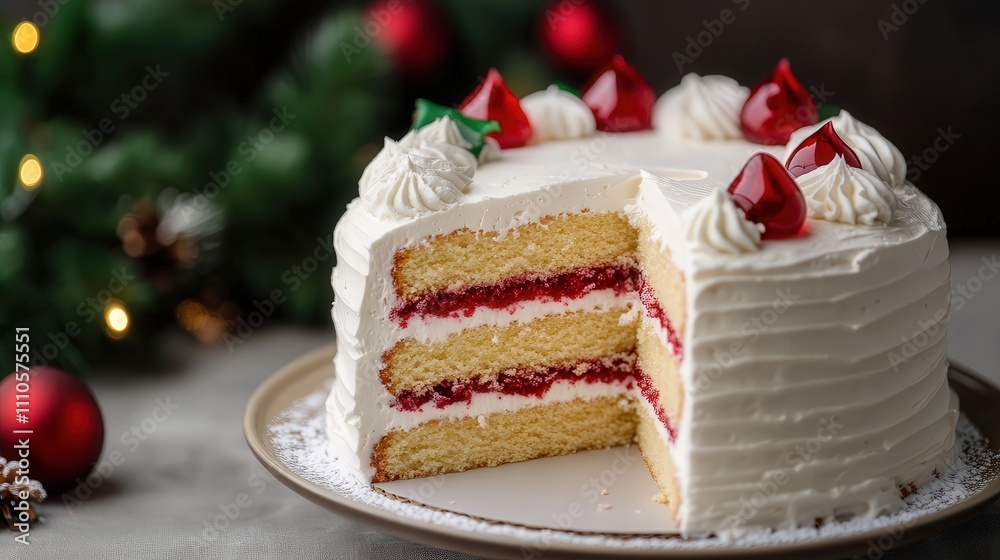 A creamy white Christmas cake featuring layers of rich sponge cake, filled with whipped cream, and decorated with red and green fondant.