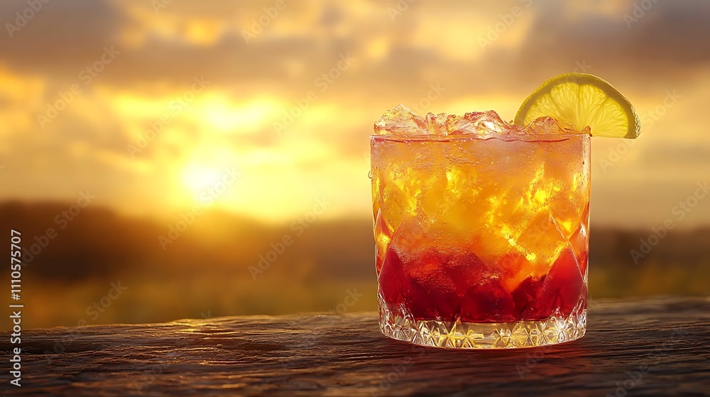 Sunset Cocktail Iced Drink with Lemon on Wooden Table Sunset Cocktail Iced Drink with Lemon on Wooden Table