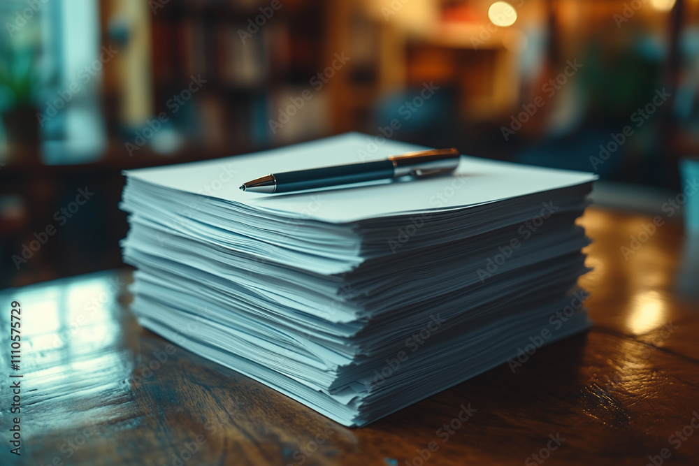 A stack of minimalist paper sheets symbolizing financial goals, with a single pen poised above them, ready to write A stack of minimalist paper sheets symbolizing financial goals, with a single pen poised above them, ready to write