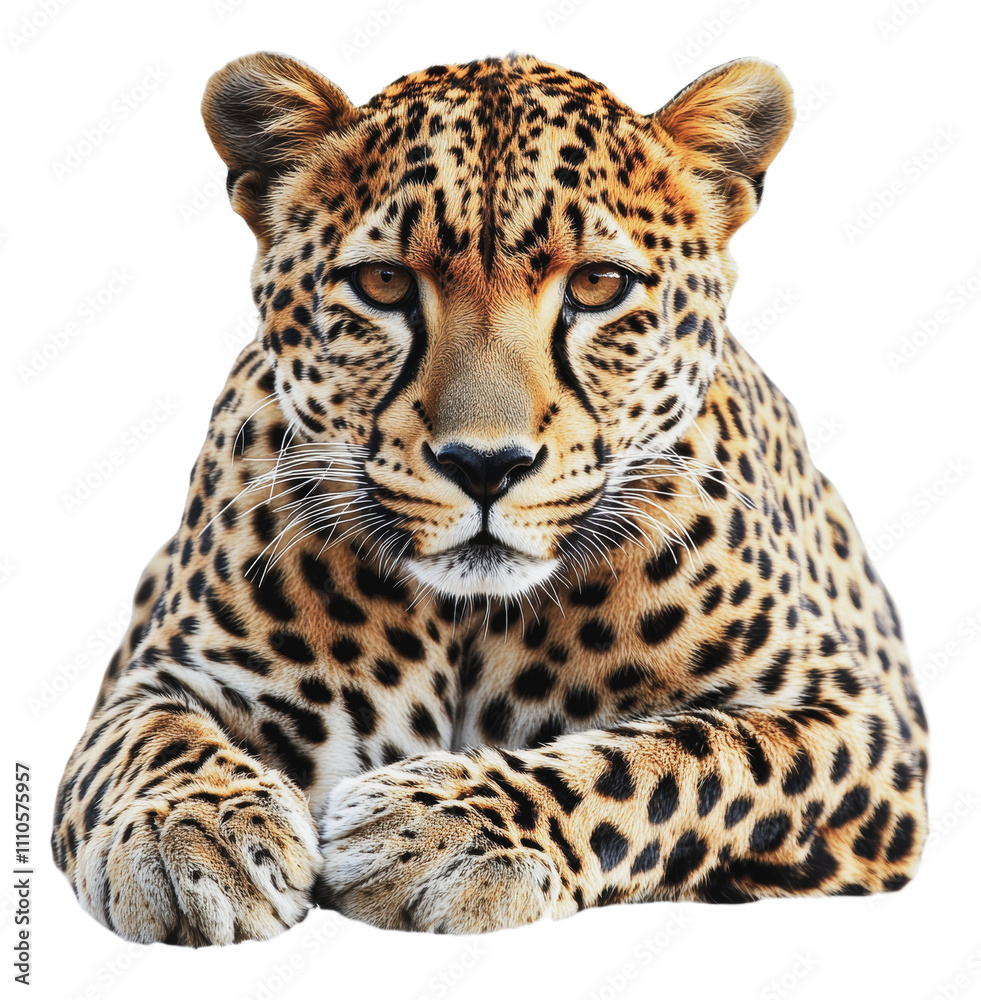 Obraz premium Leopard resting calmly on a white background, cut out - stock png.