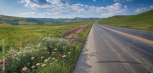 A long, empty road stretching across a vast prairie, with wildflowers along the roadside and rolling hills in the distance. The open landscape and big sky convey a sense of freedom.