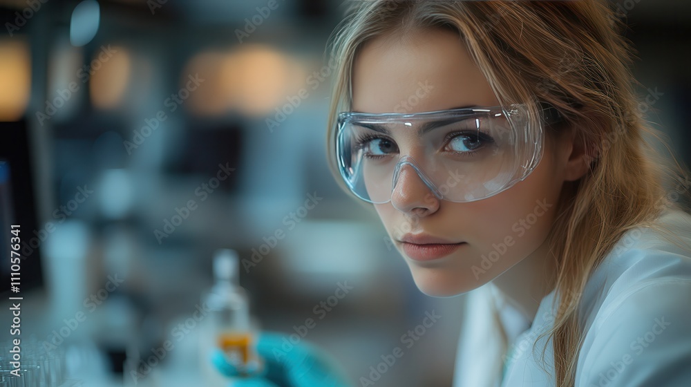 Young Female Scientist in Laboratory with Protective Glasses, Focused Expression, Working with Chemicals and Scientific Equipment in Modern Research Environment Young Female Scientist in Laboratory with Protective Glasses, Focused Expression, Working with Chemicals and Scientific Equipment in Modern Research Environment