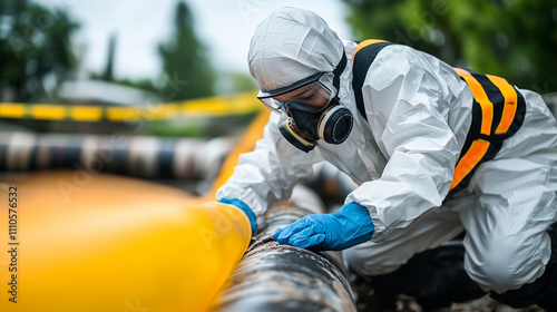 A close-up of a person in protective gear inspecting a damaged pipe for asbestos, with a bright yellow caution tape in the background