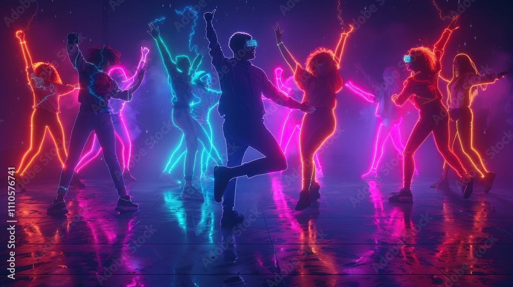 A vibrant dance scene with figures outlined in neon colors, showcasing energetic movement against a dark background. A vibrant dance scene with figures outlined in neon colors, showcasing energetic movement against a dark background.