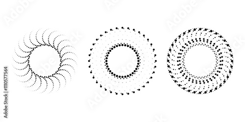 Set of  black dotted  shapes in circle form. Geometric art. Halftone dots. Trendy design element for logo, tattoo, sign, symbol, web, prints, posters, social media, template, pattern and abstract back