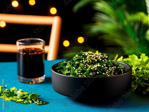 Laotian khai phan, crispy riverweed sheets with sesame seeds, served with chili dipping sauce in a rustic setting photo