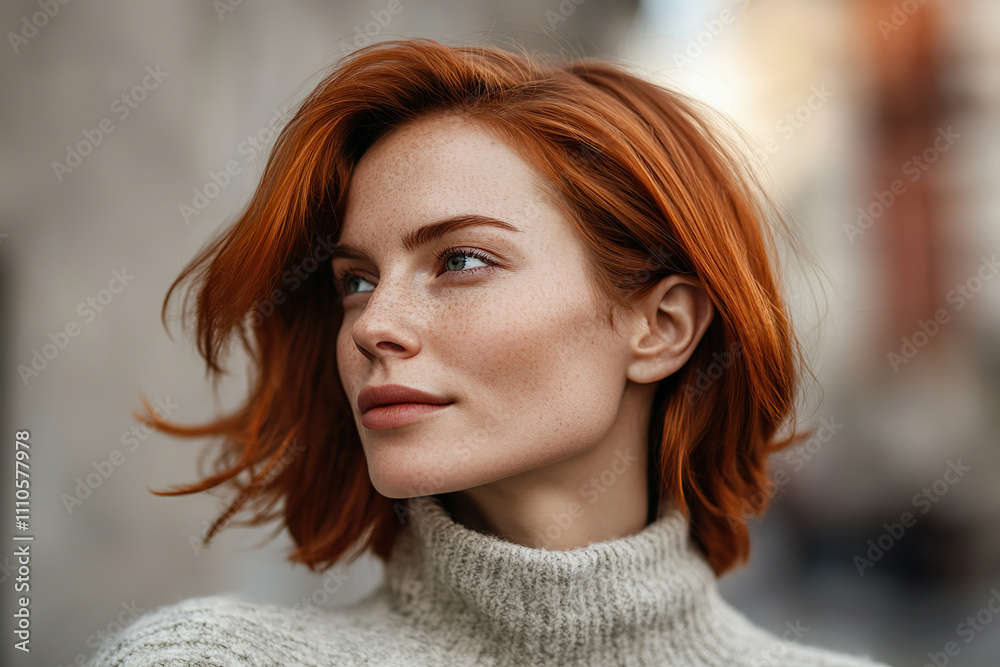 Woman with red hair poses outdoors in a cozy sweater enjoying a sunny day Woman with red hair poses outdoors in a cozy sweater enjoying a sunny day