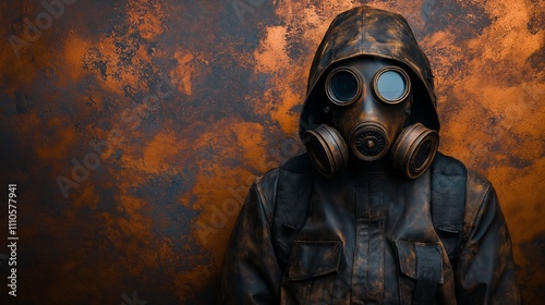 Protective gear theme with gas mask against industrial copper background for futuristic design concepts photo