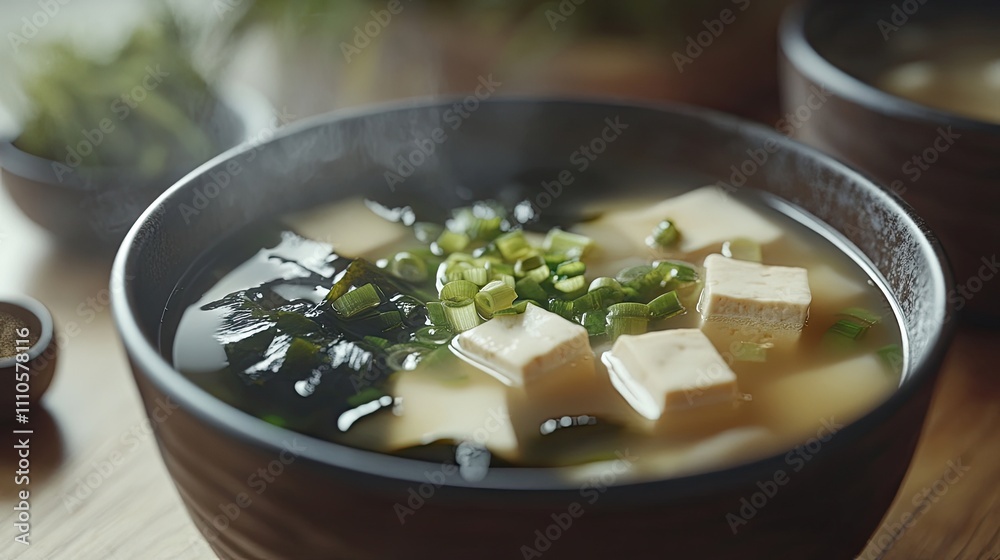 A steaming bowl of miso soup with tofu and seaweed. The warm colors and soft lighting create a cozy and inviting atmosphere. A steaming bowl of miso soup with tofu and seaweed. The warm colors and soft lighting create a cozy and inviting atmosphere.
