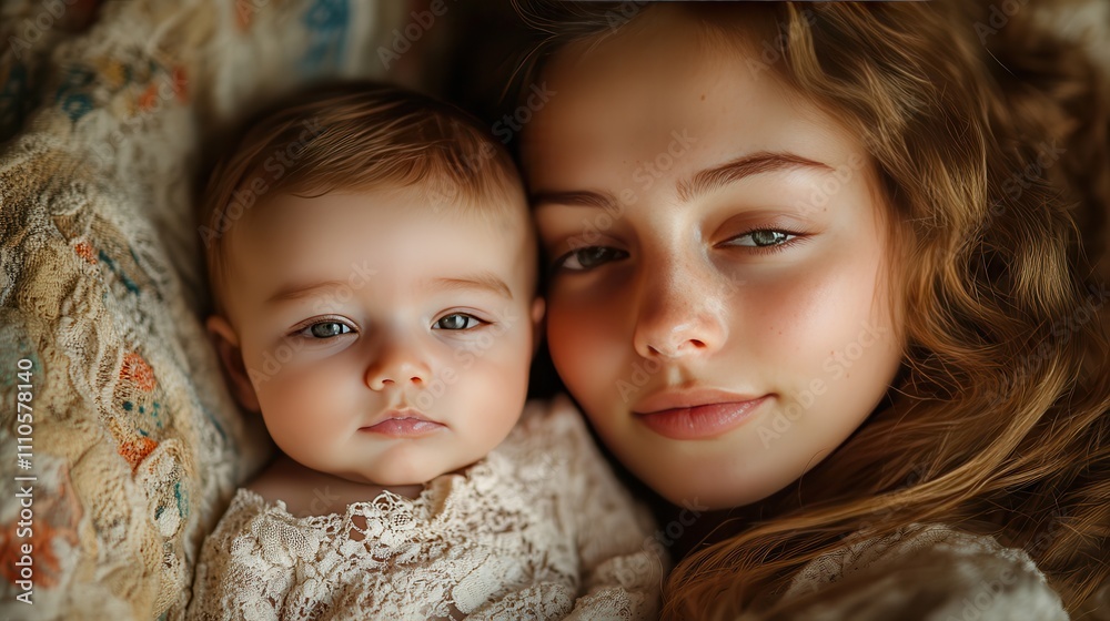 Portrait of a Young Mother Embracing Her Baby, Sharing an Intimate Moment of Love and Connection in a Soft and Cozy Environment with Warm Natural Light Portrait of a Young Mother Embracing Her Baby, Sharing an Intimate Moment of Love and Connection in a Soft and Cozy Environment with Warm Natural Light