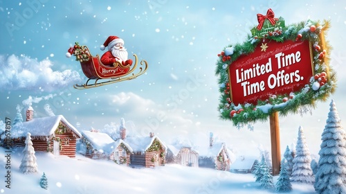 A festive Christmas promotional sign with Santa sleigh flying over a snowy village and the words 