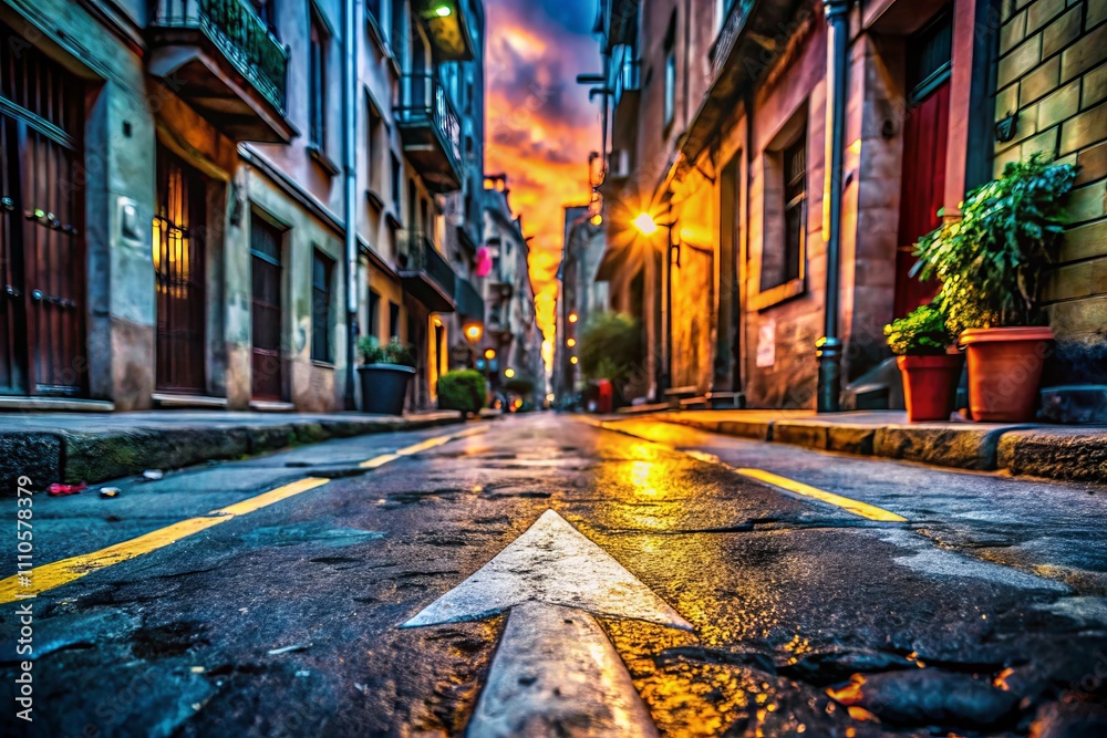 Fototapeta premium Urban Exploration Photography Featuring an Arrow Illustrating Direction and Route Directions in a Gritty Cityscape Setting with Vibrant Street Art and Urban Elements