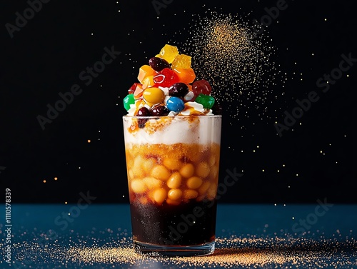 Malaysian ais kacang, colorful shaved ice dessert topped with beans, jellies, and syrup, served in a tall glass photo