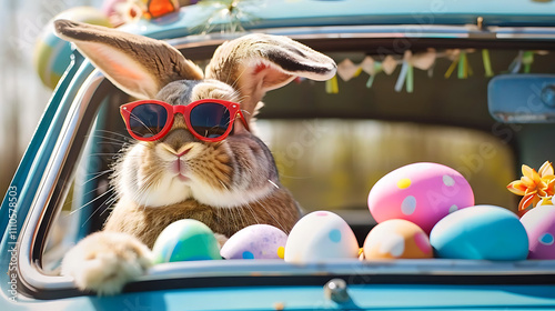 Cute Easter Bunny with sunglasses looking out of a car filed with easter eggs, Generative AI