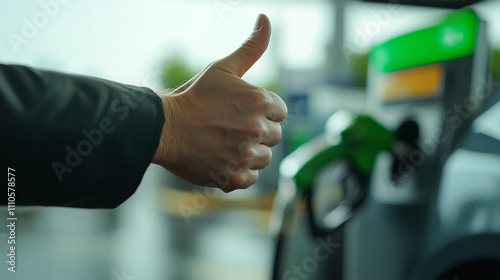 A happy customerâs hand giving a thumbs-up while holding the fuel pump nozzle, with a sparkling car and a welcoming station ambiance