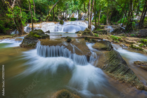  Pha Tad Waterfall, Beautiful waterfall in Kanchanaburi  province, ThaiLand.