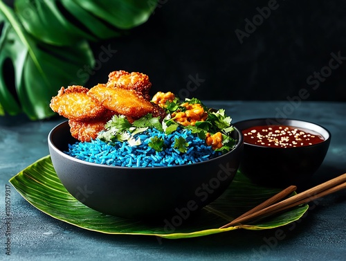 Malaysian nasi kerabu, vibrant blue rice with herbs, fried fish, and spicy sambal, arranged on a banana leaf platter photo