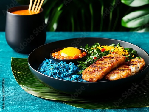 Malaysian nasi kerabu, vibrant blue rice with herbs, fried fish, and spicy sambal, arranged on a banana leaf platter photo