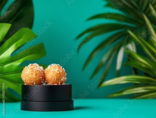 Malaysian ondeonde, pandan rice balls filled with palm sugar, rolled in grated coconut, plated with bold colors photo