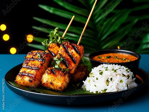 Malaysian otakotak, spicy fish mousse grilled in banana leaves, plated with rice and a tangy dipping sauce photo